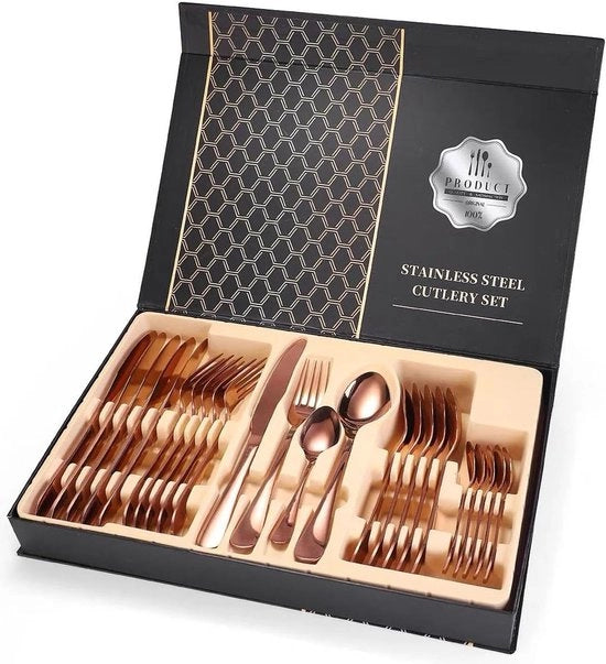 Set di cucina per 6 persone, 24 pezzi, acciaio inossidabile lucido, servizio da tavola completo con coltelli, forchette, cucchiai e cucchiaio da caffè in scatola regalo