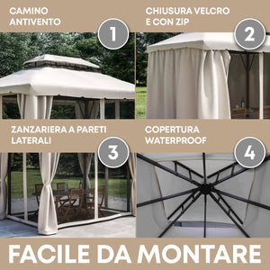 Gazebo Da Giardino Con Zanzariera 3x3 Mt Struttura In Alluminio E Acciaio Con Pareti Laterali E Zanzariere Con Camino Antivento E Copertura Impermeabile Picchetti Inclusi 