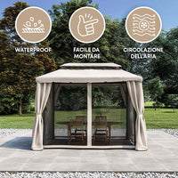 Gazebo Da Giardino Con Zanzariera 3x3 Mt Struttura In Alluminio E Acciaio Con Pareti Laterali E Zanzariere Con Camino Antivento E Copertura Impermeabile Picchetti Inclusi 