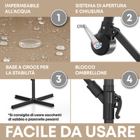 Ombrellone Da Giardino Diametro Ø3 Mt Struttura In Acciaio Inossidabile Antiruggine Apertura A Manovella Camino Antivento Impermeabile Uv Resistente Reclinabile Con Blocco Di Sicurezza Palo Decentrato