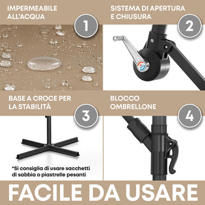Ombrellone Da Giardino Diametro Ø3 Mt Struttura In Acciaio Inossidabile Antiruggine Apertura A Manovella Camino Antivento Impermeabile Uv Resistente Reclinabile Con Blocco Di Sicurezza Palo Decentrato