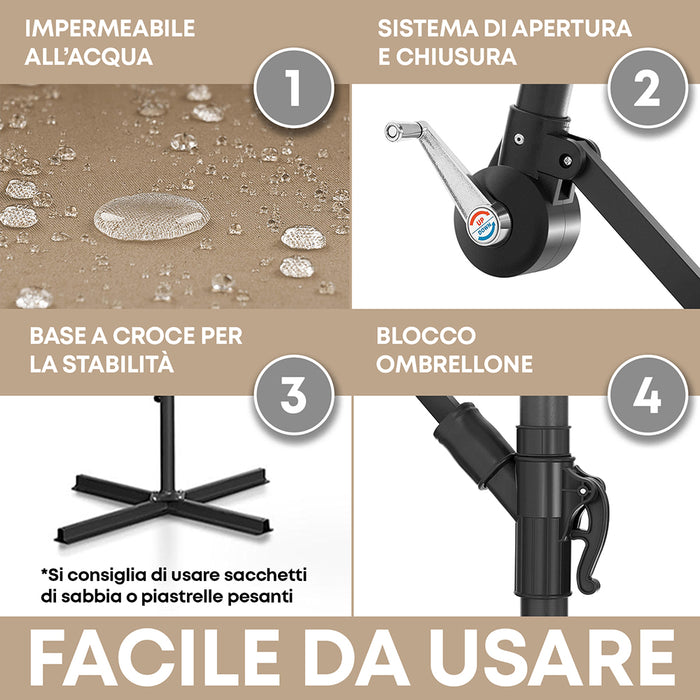 Ombrellone Da Giardino Diametro Ø3 Mt Struttura In Acciaio Inossidabile Antiruggine Apertura A Manovella Camino Antivento Impermeabile Uv Resistente Reclinabile Con Blocco Di Sicurezza Palo Decentrato