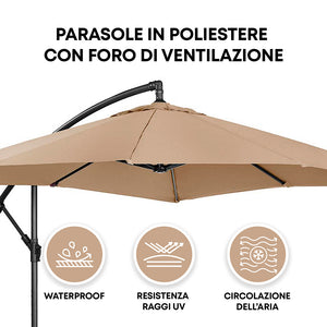 Ombrellone Da Giardino Diametro Ø3 Mt Struttura In Acciaio Inossidabile Antiruggine Apertura A Manovella Camino Antivento Impermeabile Uv Resistente Reclinabile Con Blocco Di Sicurezza Palo Decentrato
