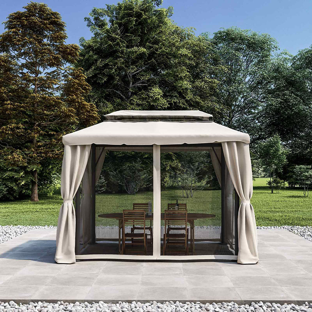 Gazebo Da Giardino Con Zanzariera 3x4 Mt Struttura In Alluminio E Acciaio Con Pareti Laterali E Zanzariere Con Camino Antivento E Copertura Impermeabile Picchetti Inclusi 