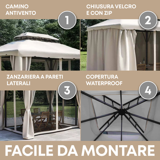 Gazebo Da Giardino Con Zanzariera 3x4 Mt Struttura In Alluminio E Acciaio Con Pareti Laterali E Zanzariere Con Camino Antivento E Copertura Impermeabile Picchetti Inclusi 