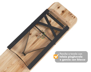 Set Birreria 220 x 70 Cm XXL 10 Posti 3 Pezzi 2 Panche 1 Tavolo Pieghevole Panca Da Feste Sagra Legno Abete Struttura Acciaio Richiudibile