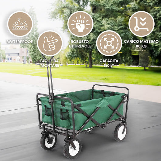 Carrello In Acciaio Pieghevole Con Freni Giardino XXL 150Lt Carrellino PortaSpesa Spiaggia Mare Campeggio Manico Regolabile Carretto Shopping Ruote Adatte A Qualsiasi Terreno Richiudibile Salvaspazio