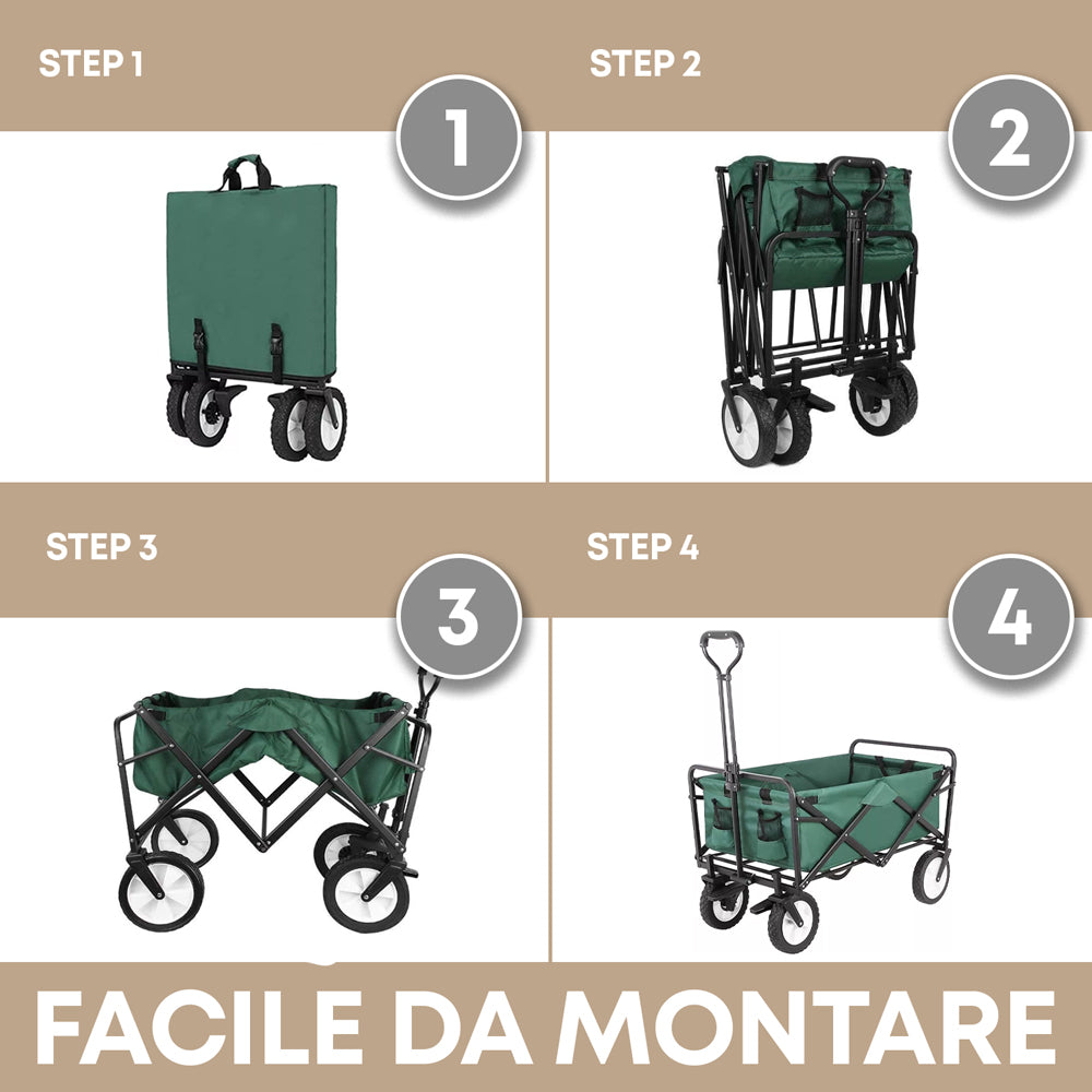 Carrello In Acciaio Pieghevole Con Freni Giardino XXL 150Lt Carrellino PortaSpesa Spiaggia Mare Campeggio Manico Regolabile Carretto Shopping Ruote Adatte A Qualsiasi Terreno Richiudibile Salvaspazio