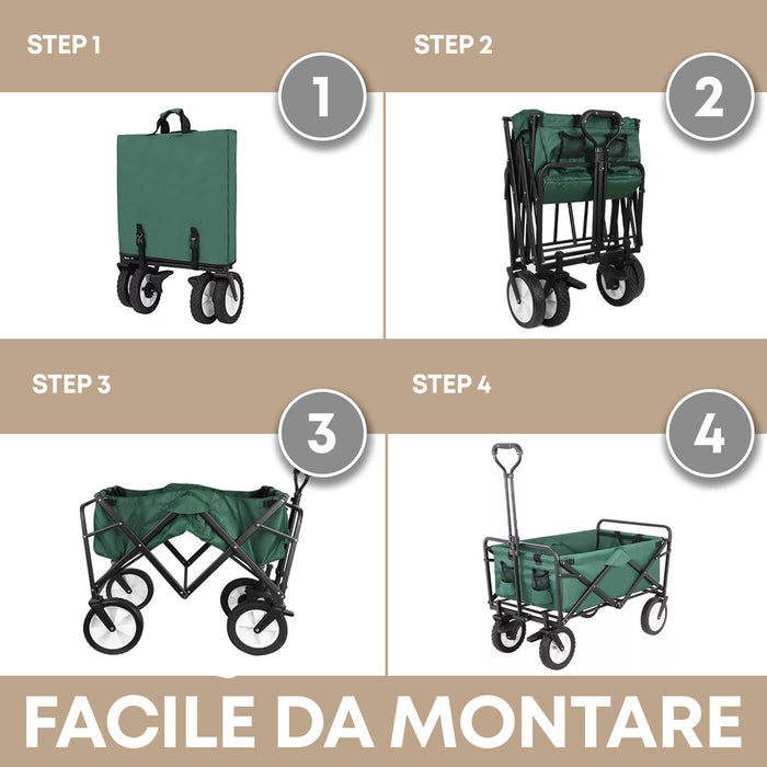 Carrello In Acciaio Pieghevole Con Freni Giardino XXL 150Lt Carrellino PortaSpesa Spiaggia Mare Campeggio Manico Regolabile Carretto Shopping Ruote Adatte A Qualsiasi Terreno Richiudibile Salvaspazio