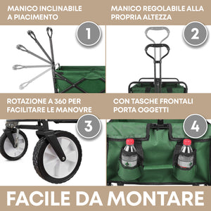 Carrello In Acciaio Pieghevole Con Freni Giardino XXL 150Lt Carrellino PortaSpesa Spiaggia Mare Campeggio Manico Regolabile Carretto Shopping Ruote Adatte A Qualsiasi Terreno Richiudibile Salvaspazio