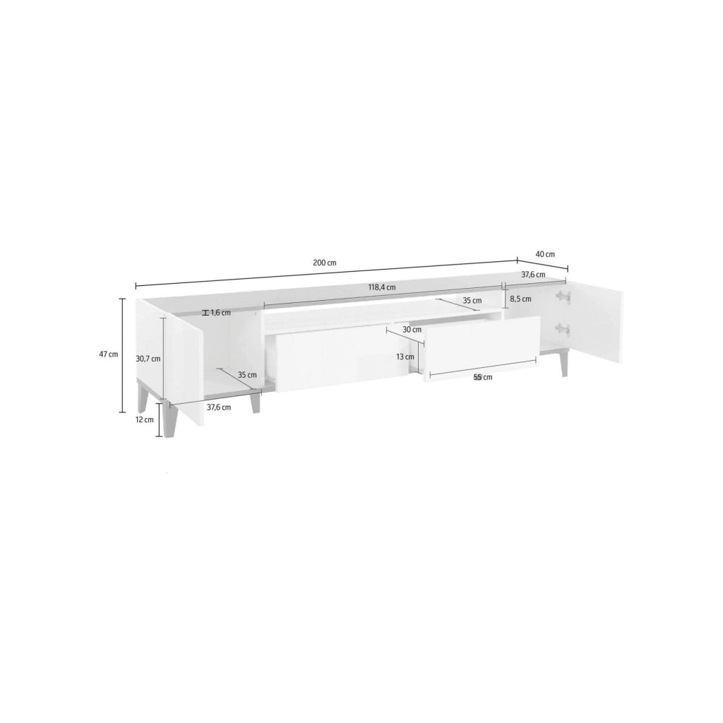 Abina, Mobile Porta tv 2 Cassetti Made in Italy, 200x40x47h cm Bianco Lucido