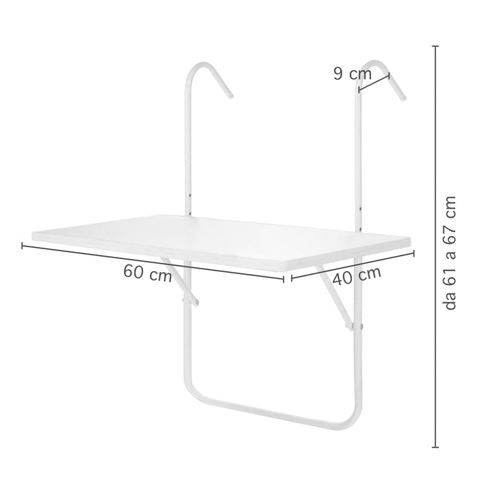 Tavolino Pieghevole Da Balcone 60x40Cm Uv Resistent Antiruggine Tavolo Sospeso Da Appendere Alla Ringhiera Richiudibile Salvaspazio Altezza Regolabile Struttura In Metallo Impermeabile  - Bianco