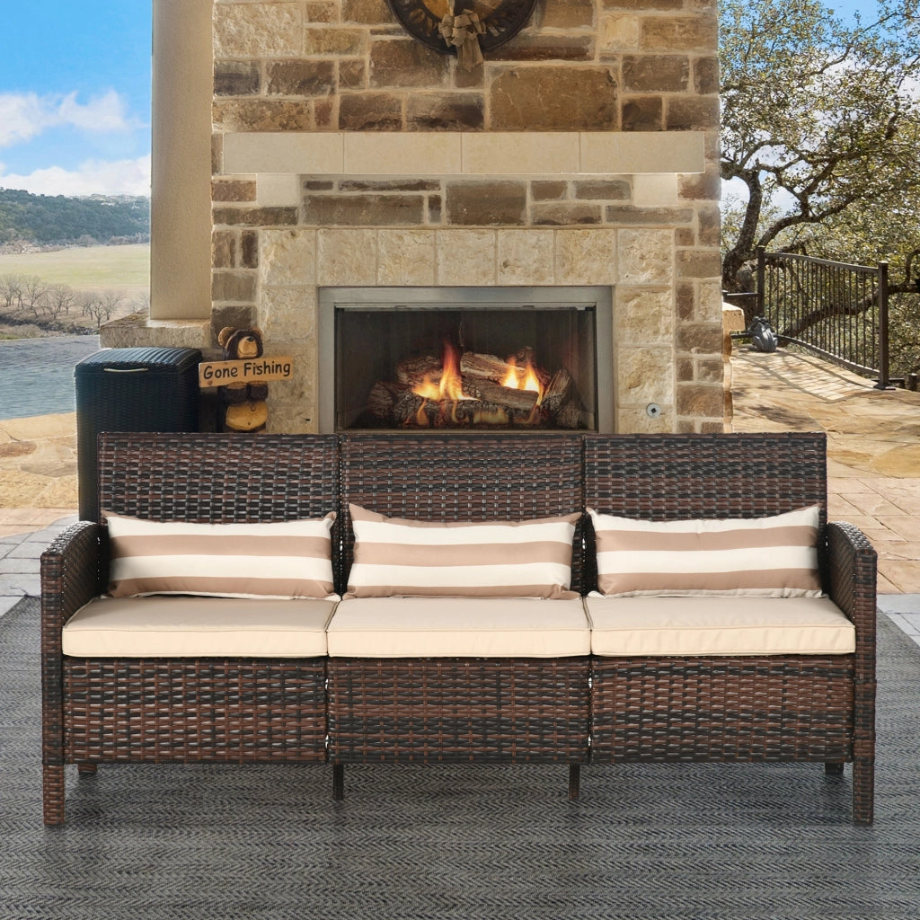 Divano 3 posti in rattan con cuscini ¨C zephmum ¨C marrone, metallo, 173x68x78 cm