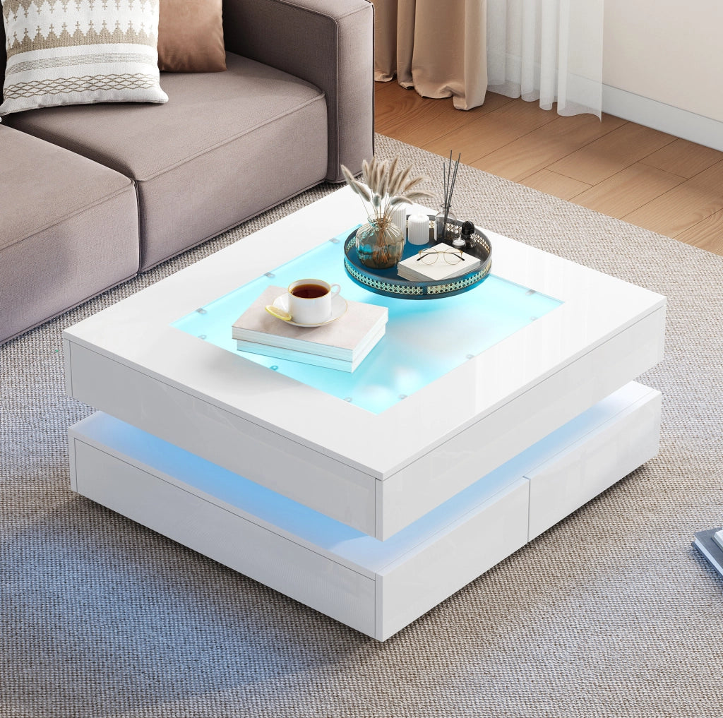 Tavolino da caffè LED bianco 70x70x35 cm con 3 cassetti