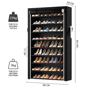 Scarpiera XXL 10 Ripiani Scaffale Portascarpe Con Copertura In Tessuto Robusta Struttura In Metallo Altezza 160 Cm Capiente Fino 50 Paia Mobile Ripostiglio Armadio