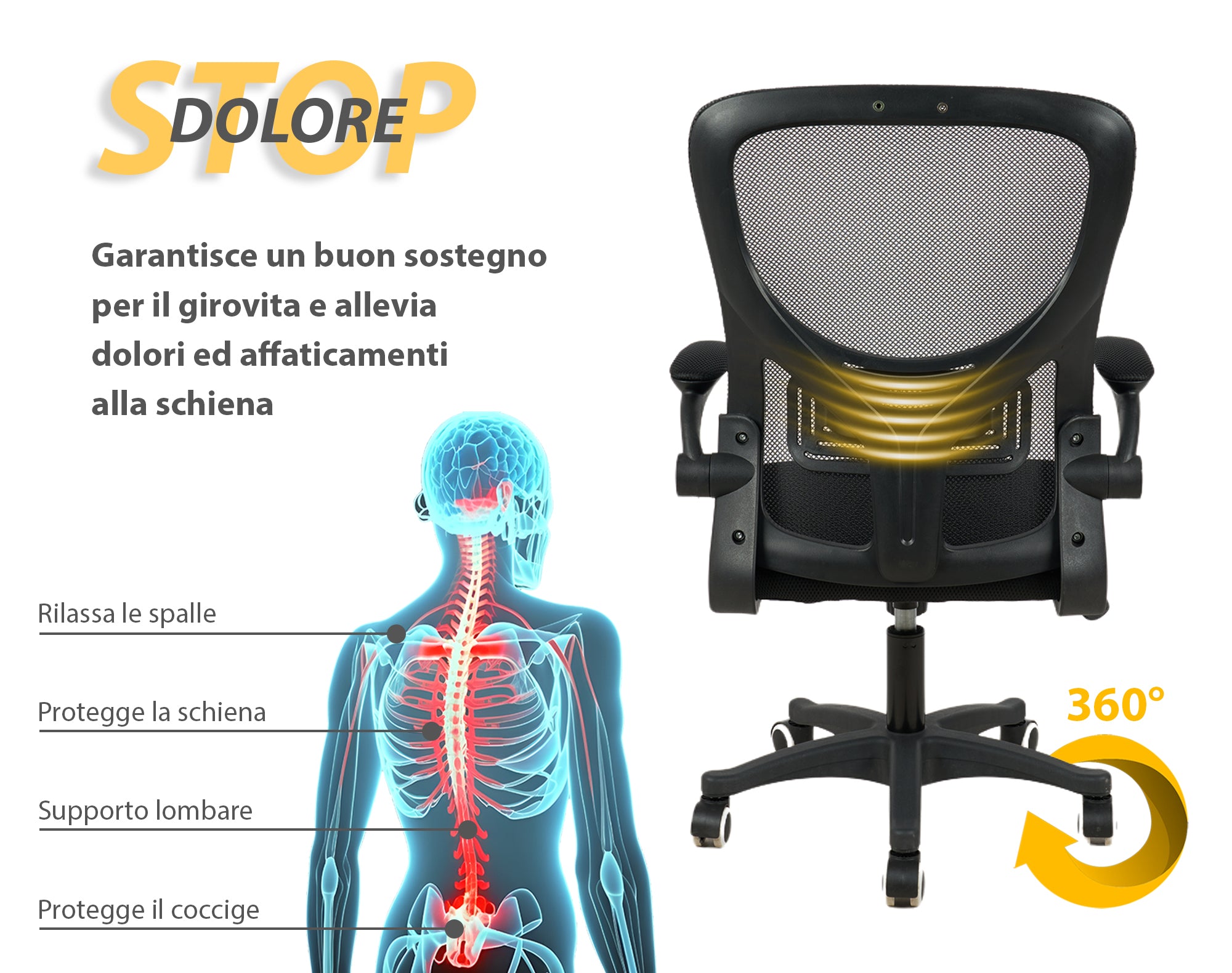 Sedia Da Ufficio Con Supporto Lombare, Sedia Scrivania Ergonomica Braccioli Regolabili Altezza Regolabile Schienale In Rete Traspirante,Oscillante Con Ruote Girevoli Poggiatesta - Senza Poggiatesta