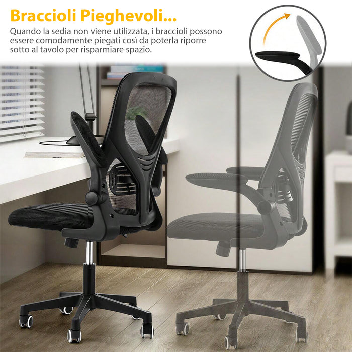 Sedia Da Ufficio Con Supporto Lombare, Sedia Scrivania Ergonomica Braccioli Regolabili Altezza Regolabile Schienale In Rete Traspirante,Oscillante Con Ruote Girevoli Poggiatesta - Senza Poggiatesta