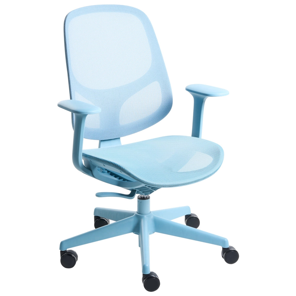 Sedia da ufficio azzurra in rete con base girevole, braccioli e altezza regolabile per ufficio domestico e open space