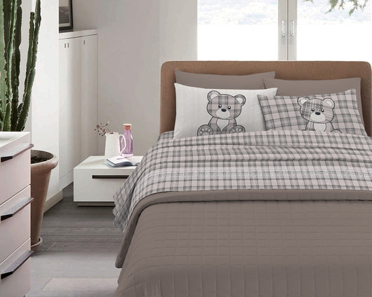 Completo Letto in Flanella Calda e Morbida Anti Pilling - Set Flanellato 3 Misure parure con Federe - Orsetto Tartan Grigio - 2 Piazze