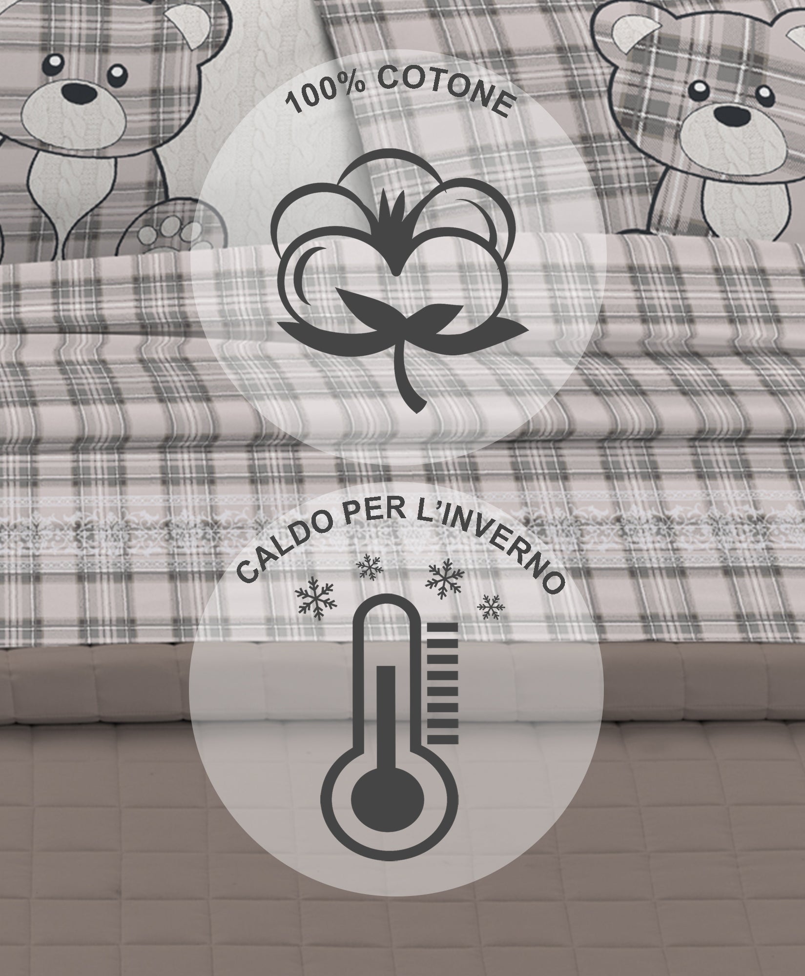 Completo Letto in Flanella Calda e Morbida Anti Pilling - Set Flanellato 3 Misure parure con Federe - Orsetto Tartan Grigio - 2 Piazze