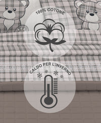 Completo Letto in Flanella Calda e Morbida Anti Pilling - Set Flanellato 3 Misure parure con Federe - Orsetto Tartan Grigio - 2 Piazze