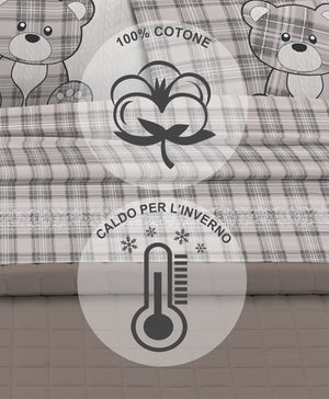 Completo Letto in Flanella Calda e Morbida Anti Pilling - Set Flanellato 3 Misure parure con Federe - Orsetto Tartan Grigio - 2 Piazze