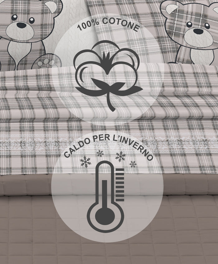 Completo Letto in Flanella Calda e Morbida Anti Pilling - Set Flanellato 3 Misure parure con Federe - Orsetto Tartan Grigio - 2 Piazze