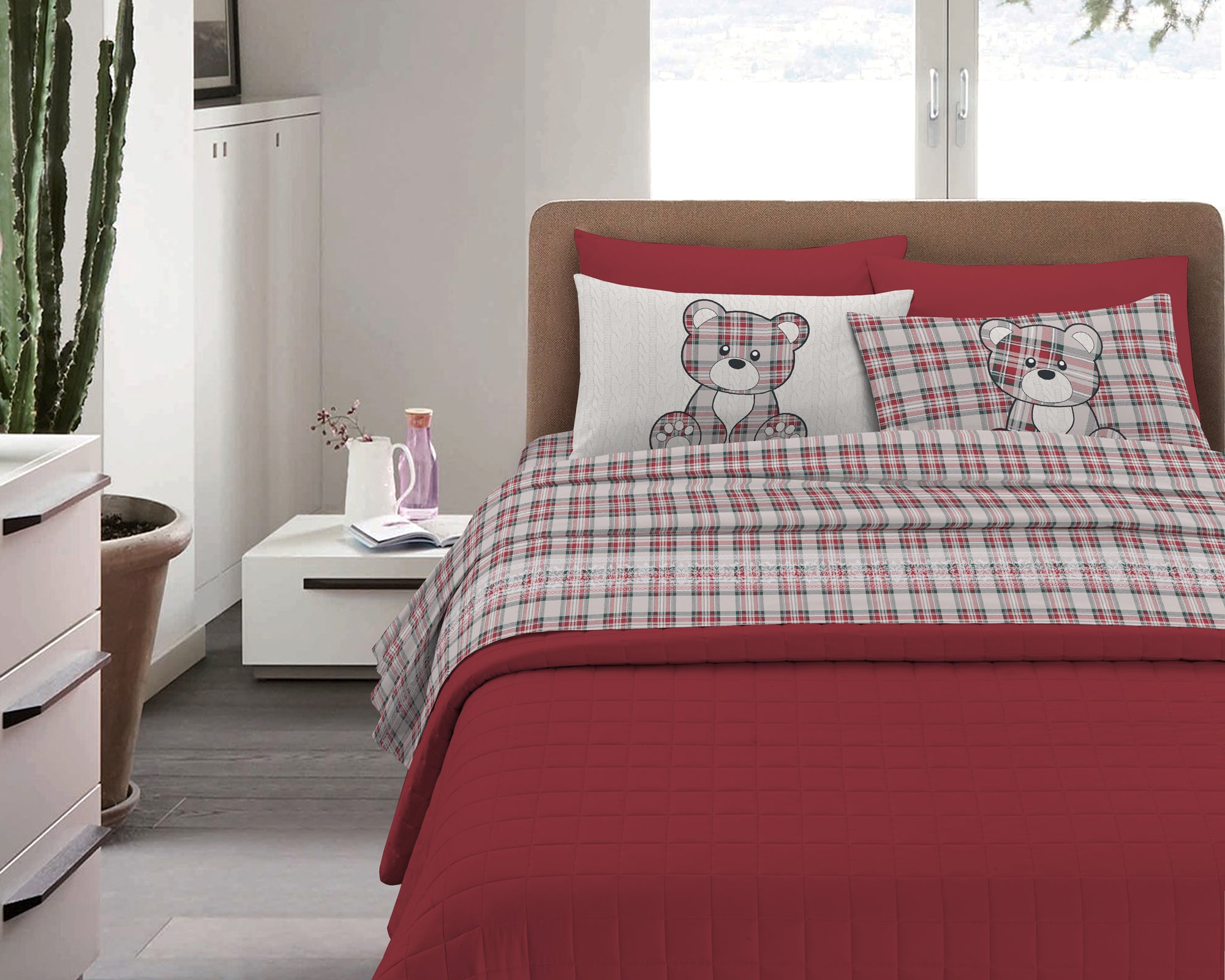 Completo Letto in Flanella Calda e Morbida Anti Pilling - Set Flanellato 3 Misure parure con Federe - Orsetto Tartan Rosso - 2 Piazze