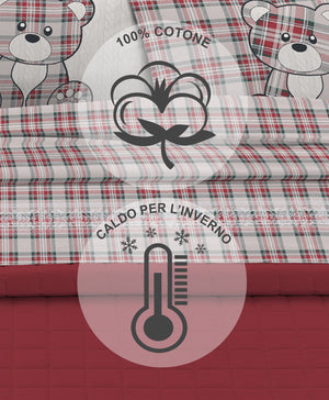 Completo Letto in Flanella Calda e Morbida Anti Pilling - Set Flanellato 3 Misure parure con Federe - Orsetto Tartan Rosso - 2 Piazze