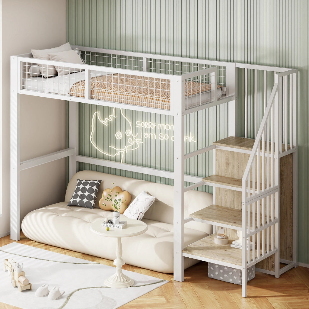 Letto a soppalco 90x200 in metallo con scala di sicurezza e armadio integrato