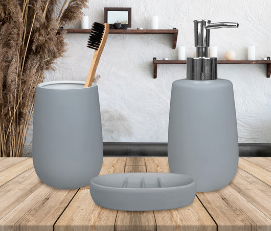 Set 3 Pezzi Accessori Bagno In Ceramica Da Appoggio Tinta Unita Design Moderno Dispenser Sapone Bicchiere Porta Oggetti Spazzolino Dentifricio Vassoio Porta Saponetta