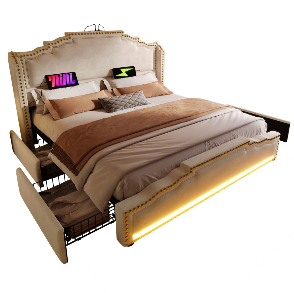 Letto matrimoniale 180x200 con 4 cassetti, LED e porte USB-C