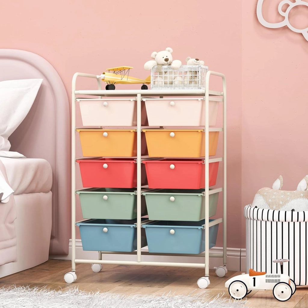 Carrello a 10 Cassetti con Ruote, di Stoccaggio con Stabilità Elevata, Multiuso per Casa Ufficio e Scuola, 65,5 x 37 x 87 cm (Bianco)