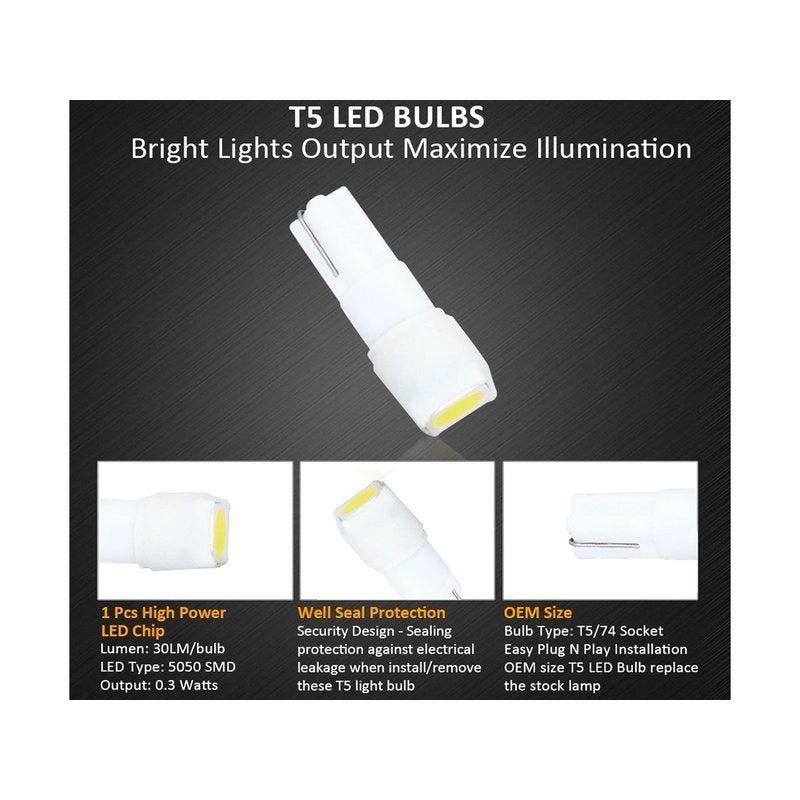10 Lampadine LED T5 12V W1.2W Bianche 6000K SMD 5050 per Cruscotto Auto Moto