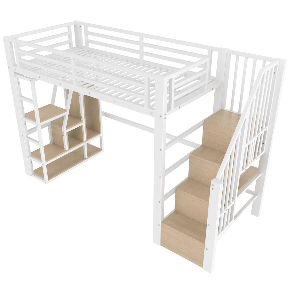 Letto a soppalco 90x200 cm in metallo e MDF; con LED; ripiani integrati; bianco