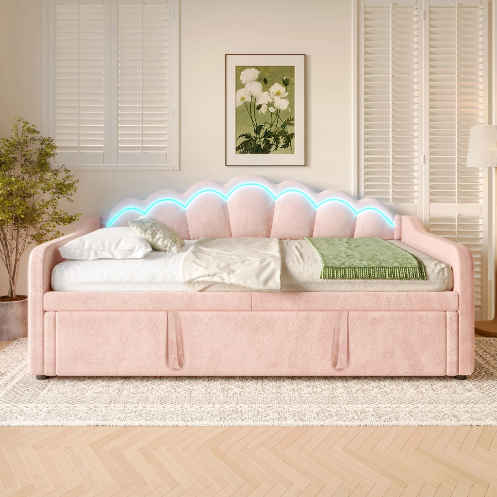 Letto imbottito pieghevole con luci LED 90x200 cm velluto rosa