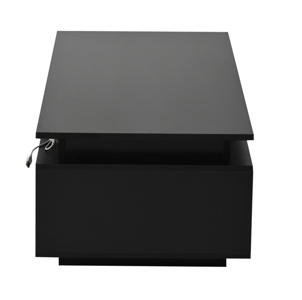 Tavolino da salotto 100x50x36 cm nero lucido con LED; cassetto e vani laterali