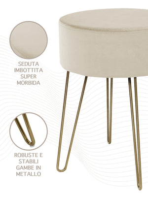 Pouf Poggiapiedi In Velluto Con Gambe Dorate Elegante Imbottito Sgabello Per Toeletta Mobile Trucco Ottomano Ingresso Tavolino Camera Da Letto Soggiorno Salotto  - Beige - Rotondo