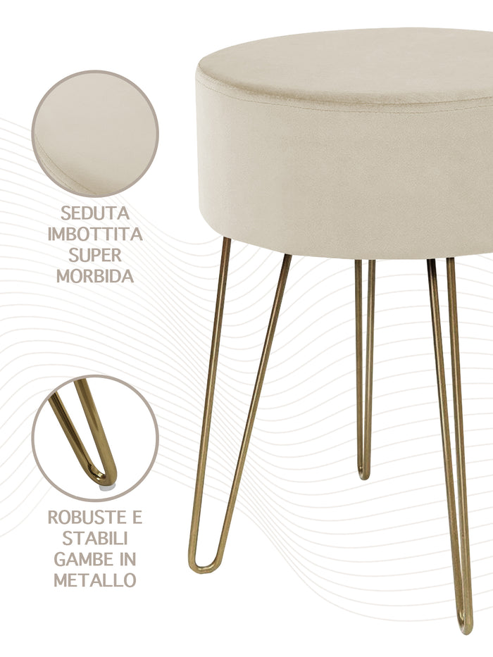 Pouf Poggiapiedi In Velluto Con Gambe Dorate Elegante Imbottito Sgabello Per Toeletta Mobile Trucco Ottomano Ingresso Tavolino Camera Da Letto Soggiorno Salotto  - Beige - Rotondo