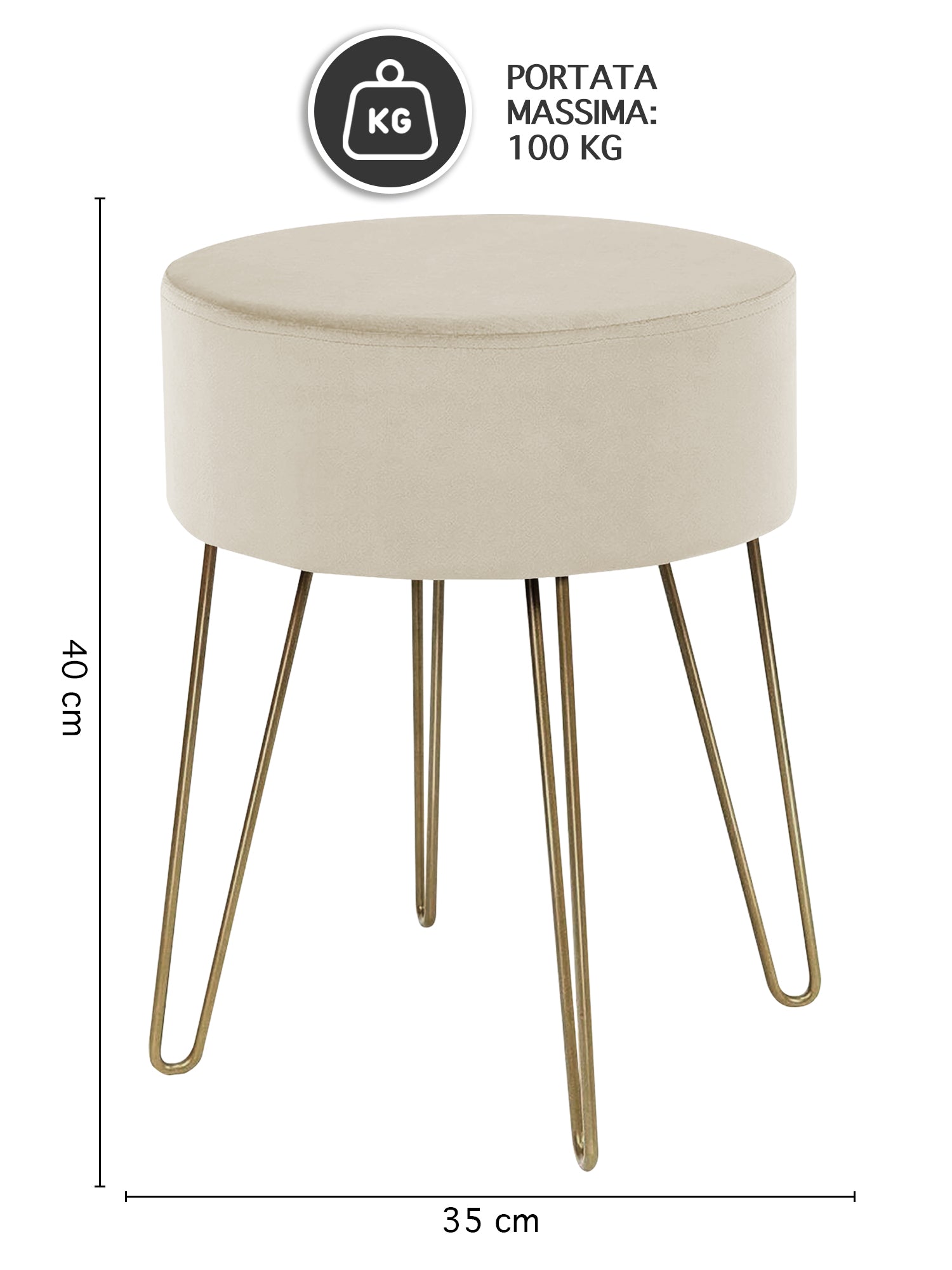 Pouf Poggiapiedi In Velluto Con Gambe Dorate Elegante Imbottito Sgabello Per Toeletta Mobile Trucco Ottomano Ingresso Tavolino Camera Da Letto Soggiorno Salotto  - Beige - Rotondo