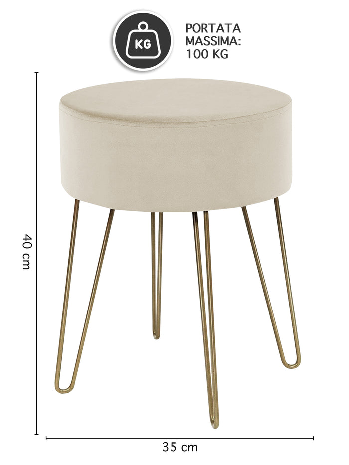 Pouf Poggiapiedi In Velluto Con Gambe Dorate Elegante Imbottito Sgabello Per Toeletta Mobile Trucco Ottomano Ingresso Tavolino Camera Da Letto Soggiorno Salotto  - Beige - Rotondo