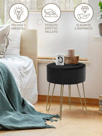 Pouf Poggiapiedi In Velluto Con Gambe Dorate Elegante Imbottito Sgabello Per Toeletta Mobile Trucco Ottomano Ingresso Tavolino Camera Da Letto Soggiorno Salotto  - Nero - Rotondo