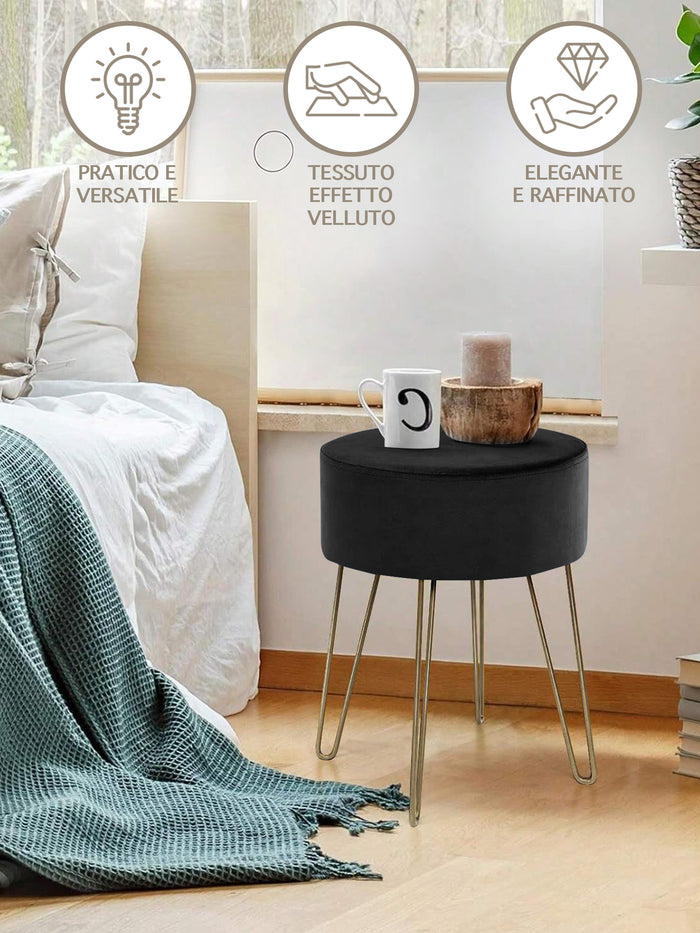 Pouf Poggiapiedi In Velluto Con Gambe Dorate Elegante Imbottito Sgabello Per Toeletta Mobile Trucco Ottomano Ingresso Tavolino Camera Da Letto Soggiorno Salotto  - Nero - Rotondo