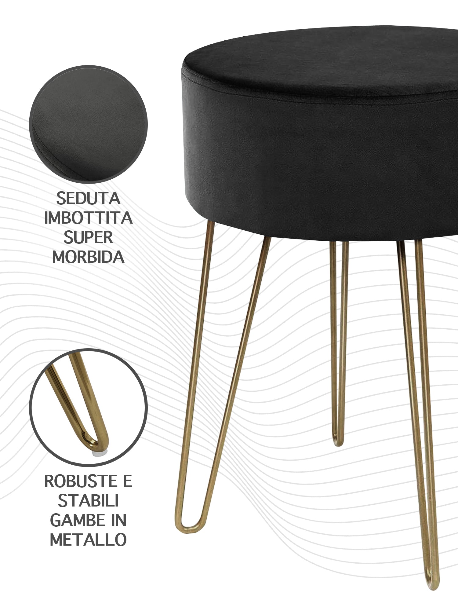 Pouf Poggiapiedi In Velluto Con Gambe Dorate Elegante Imbottito Sgabello Per Toeletta Mobile Trucco Ottomano Ingresso Tavolino Camera Da Letto Soggiorno Salotto  - Nero - Rotondo