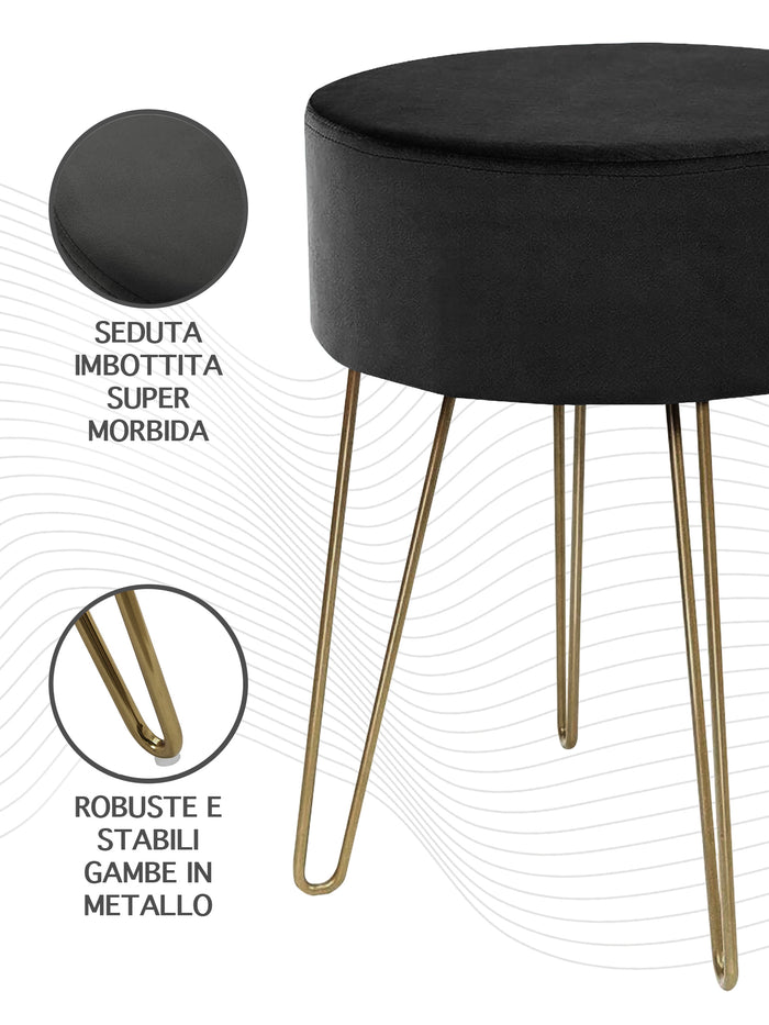 Pouf Poggiapiedi In Velluto Con Gambe Dorate Elegante Imbottito Sgabello Per Toeletta Mobile Trucco Ottomano Ingresso Tavolino Camera Da Letto Soggiorno Salotto  - Nero - Rotondo