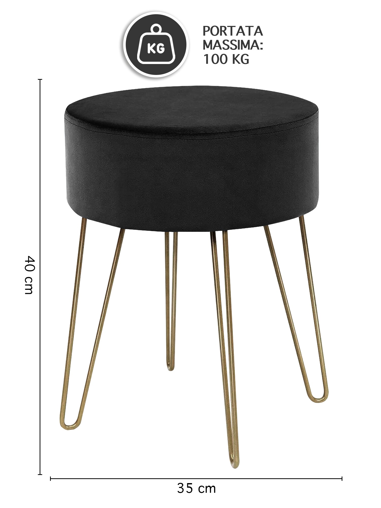 Pouf Poggiapiedi In Velluto Con Gambe Dorate Elegante Imbottito Sgabello Per Toeletta Mobile Trucco Ottomano Ingresso Tavolino Camera Da Letto Soggiorno Salotto  - Nero - Rotondo