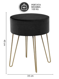 Pouf Poggiapiedi In Velluto Con Gambe Dorate Elegante Imbottito Sgabello Per Toeletta Mobile Trucco Ottomano Ingresso Tavolino Camera Da Letto Soggiorno Salotto  - Nero - Rotondo