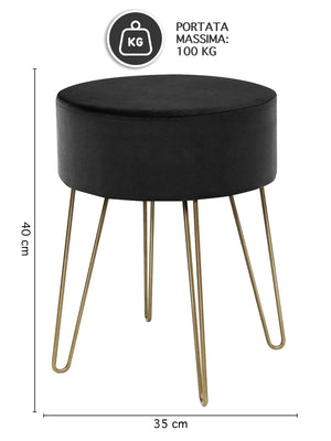Pouf Poggiapiedi In Velluto Con Gambe Dorate Elegante Imbottito Sgabello Per Toeletta Mobile Trucco Ottomano Ingresso Tavolino Camera Da Letto Soggiorno Salotto  - Nero - Rotondo