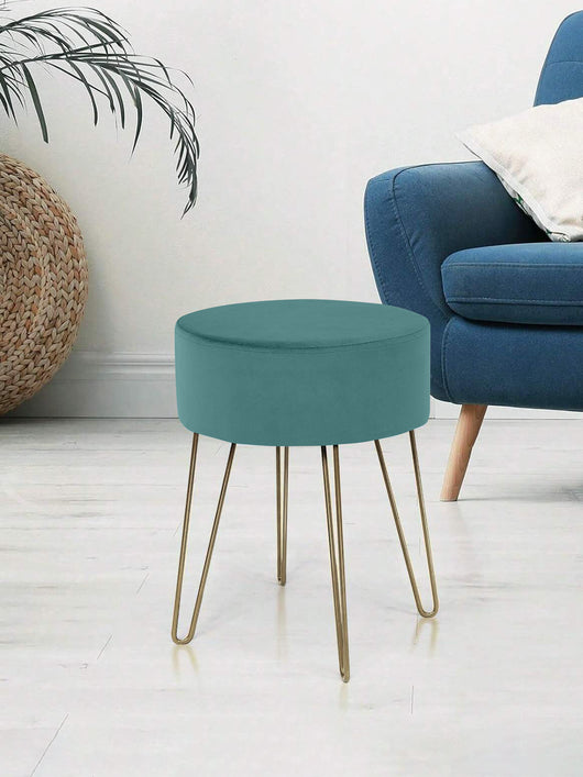 Pouf Poggiapiedi In Velluto Con Gambe Dorate Elegante Imbottito Sgabello Per Toeletta Mobile Trucco Ottomano Ingresso Tavolino Camera Da Letto Soggiorno Salotto  - Petrolio - Rotondo