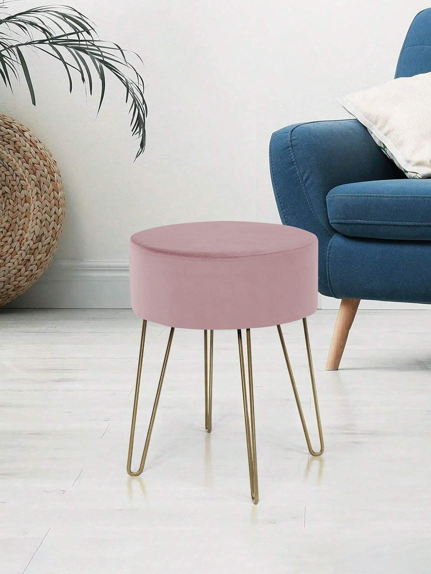 Pouf Poggiapiedi In Velluto Con Gambe Dorate Elegante Imbottito Sgabello Per Toeletta Mobile Trucco Ottomano Ingresso Tavolino Camera Da Letto Soggiorno Salotto  - Rosa Antico - Rotondo